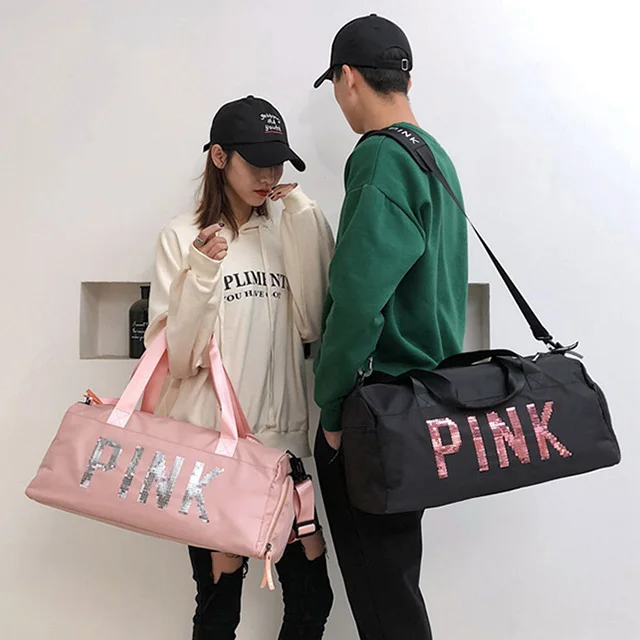 Customized Pink Waterproof Durable Sports Gym Bags For Girls Large Capacity Outdoor Overnight Zipper Short Journey Duffel Bags