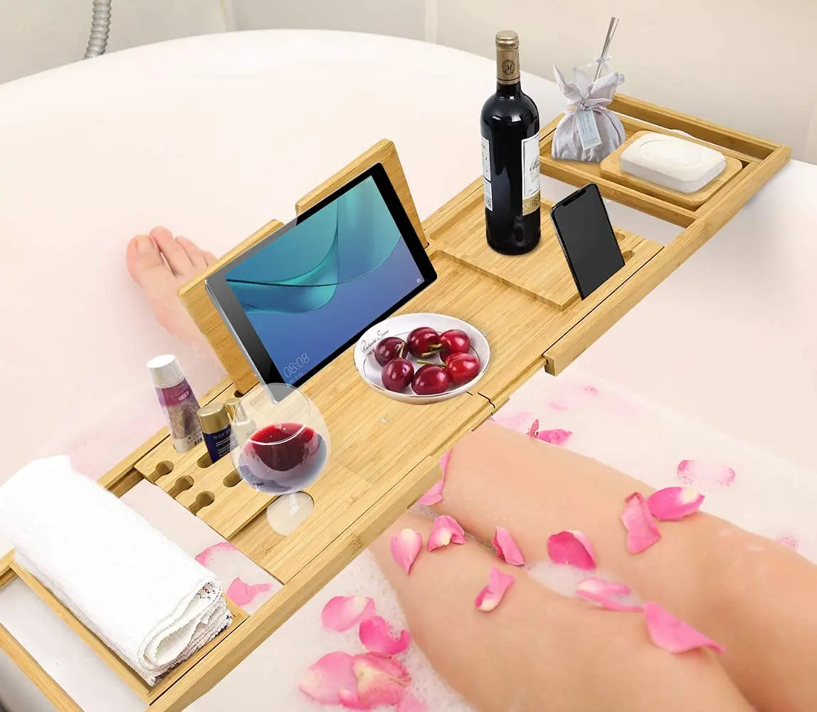 Free Sample Bathtub Caddy Tray Premium Bamboo with Extendable Sides Includes Book and Wine