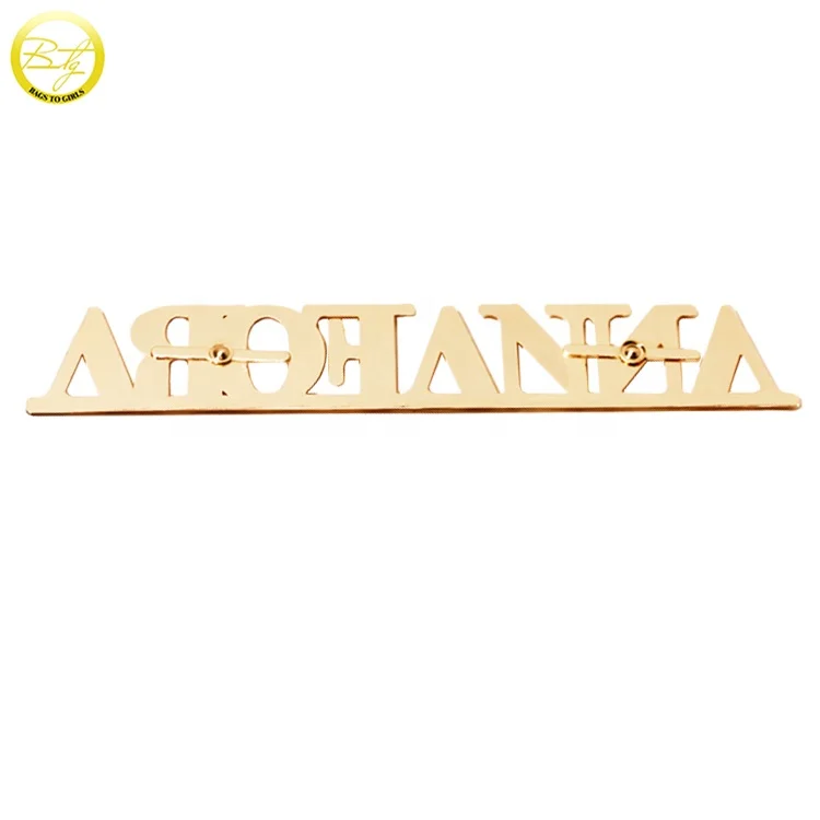 Custom purse metal embossed letter logos handbag accessory metal gold tags decorative alphabet name plate for leather wallet