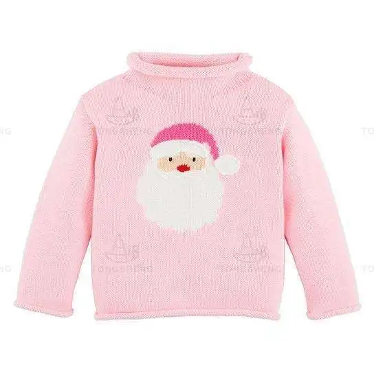 OEM Supplier Custom Kids Gift Christmas Sweater Acrylic Funny Pink Children Baby Girl Santa Head Twilight Rollneck Sweater