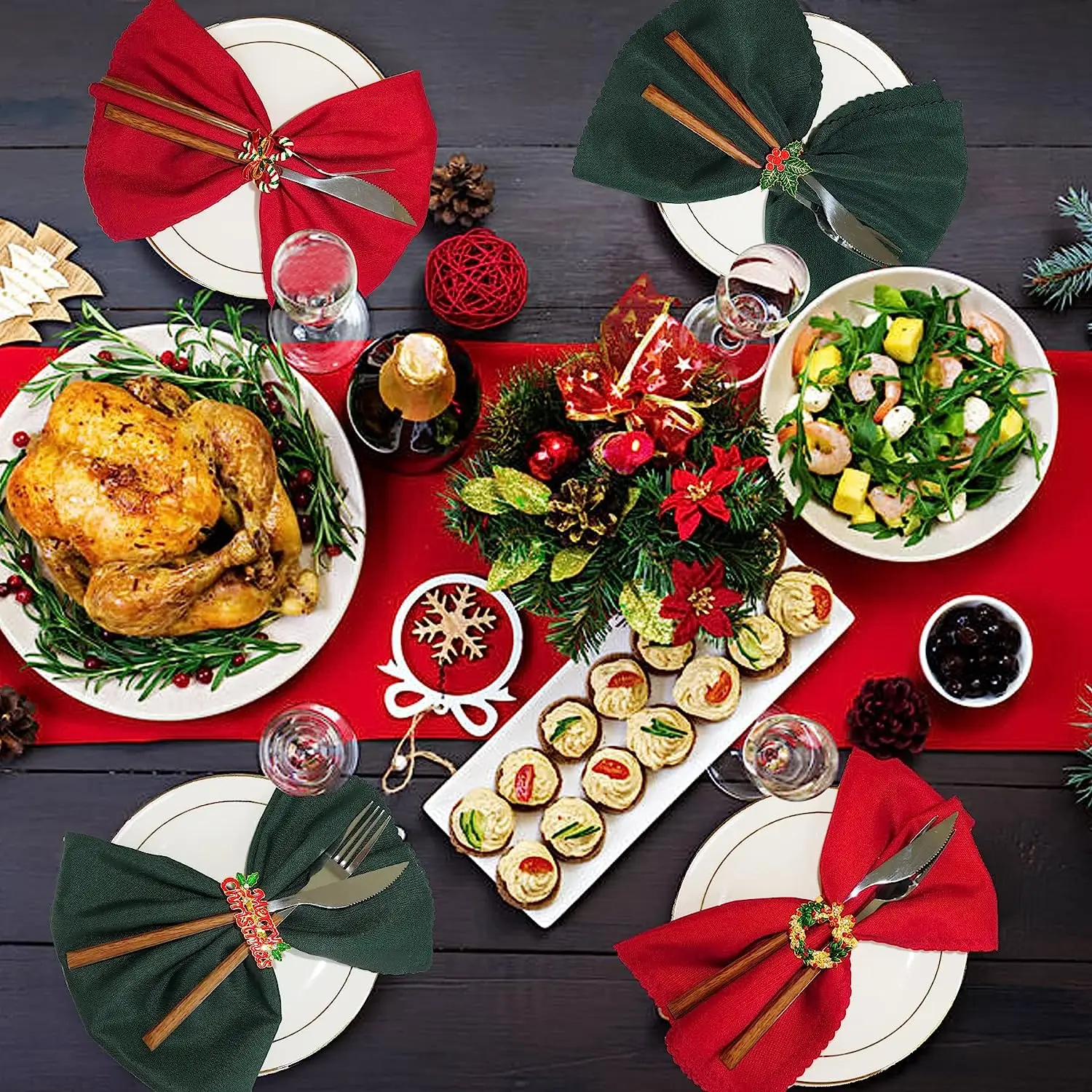 6PCS Xmax Napkin Rings Tree Wreath Rhinestone Napkin Holders for Holiday Dinner Setting and Christmas Party Table Decorations