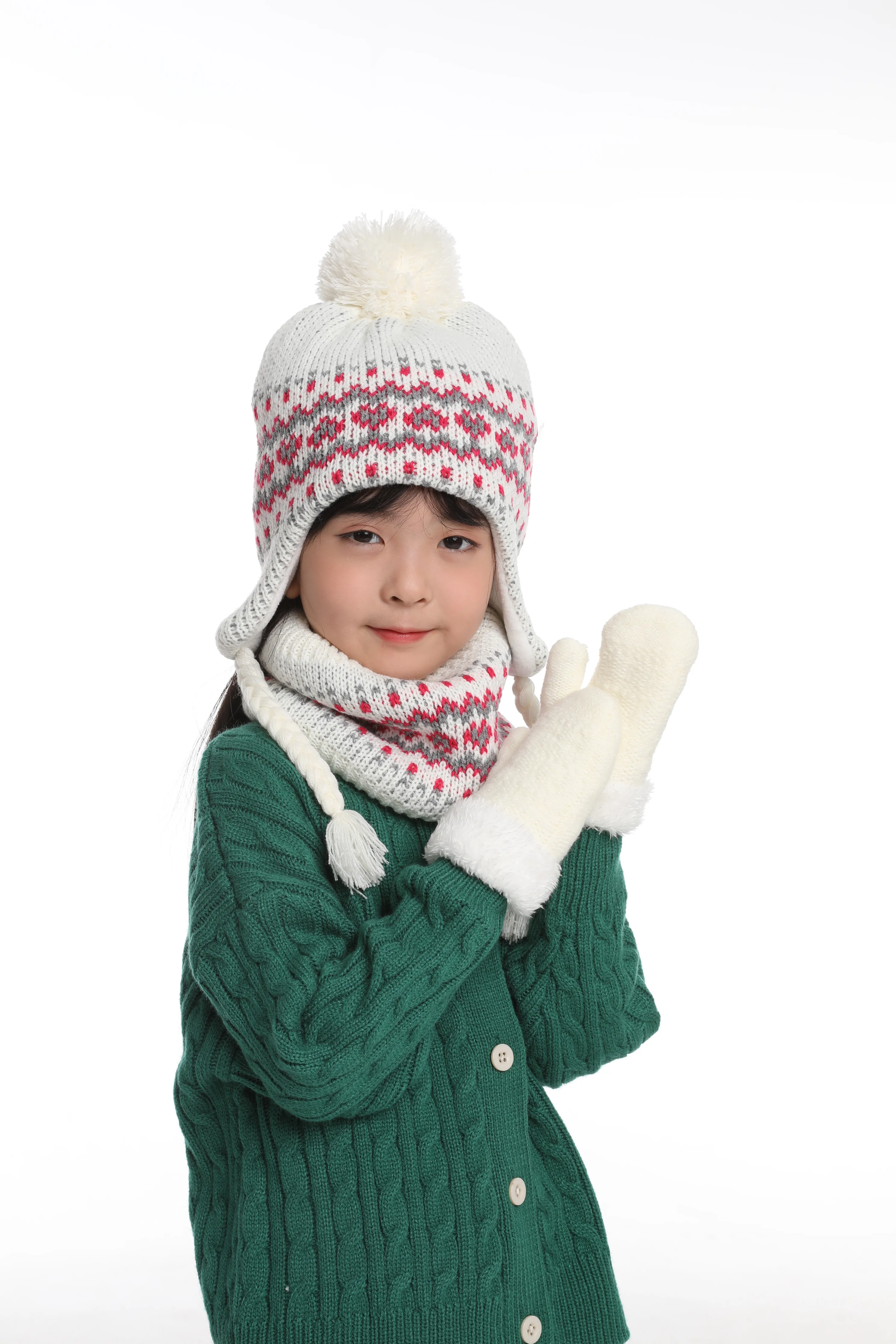 New Arrival  Kids Cute Warm Knitted Hat With Earflap Mittens and Scarf  Sets for Boys Girls