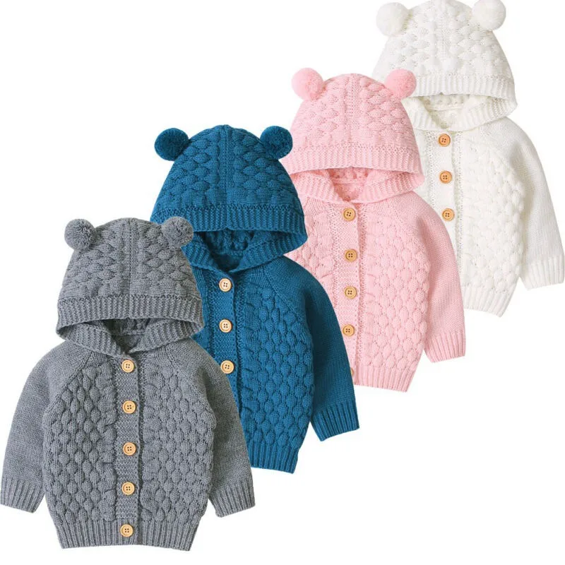 
Knit Baby Sweater 2021 Winter Cute Ear Toddler Boys Girls Kids Baby Sweater Hooded Knit Warm Coat Outerwear 