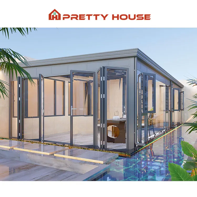 Customized Outdoor Veranda All Season Flat Freestanding Sunrooms Glass Houses Aluminium Slant Sun House
