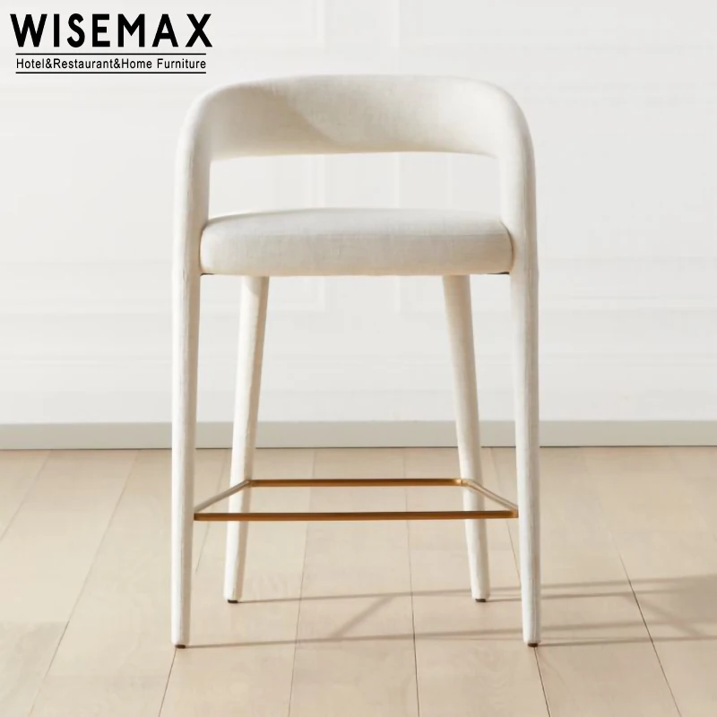 WISEMAX FURNITURE Luxury Hotel furniture solid wood frame linen fabric bar chair white high bar stool for hotel project