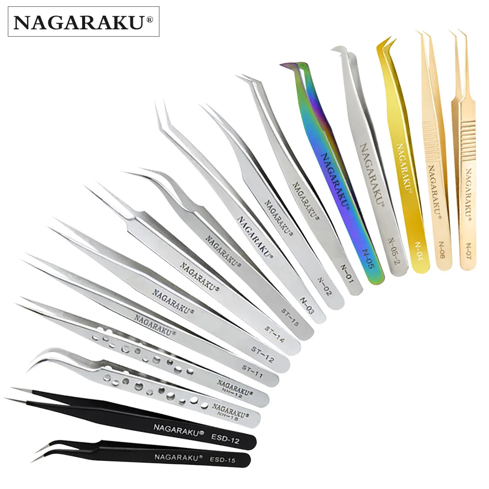 
 Пинцет для наращивания ресниц NAGARAKU из нержавеющей стали, Немагнитный Пинцет для макияжа, пинцет для накладных ресниц, точный 3D пинцет  