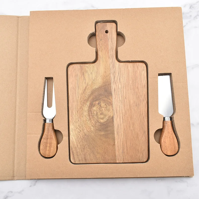 Wholesale Custom Kitchen Acacia Wooden Mini Cheese Board with Knife Laser Logo Cheese Cutting Tools Home Use Box Packed