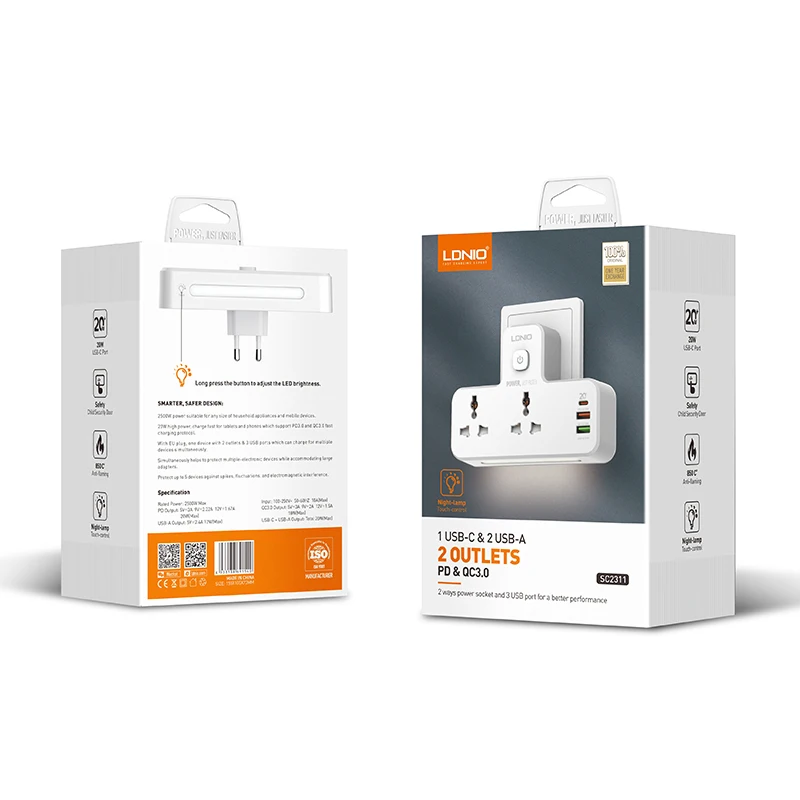 LDNIO SC2311 Extension Power Socket 2 Outlets Wall Adapter Power Strip With LED Light Extension Power Socket With USB Ports