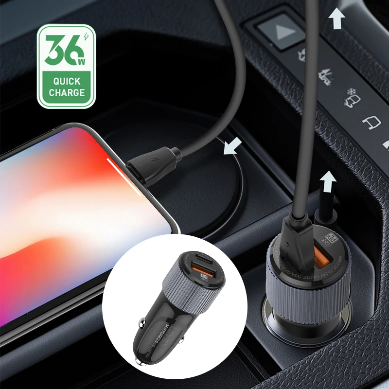 LDNIO C510Q PD+QC3.0 Quick Dual Port USB Car Charger With Type C Port Fast car Charger With Micro Cable 36W car charger adapter