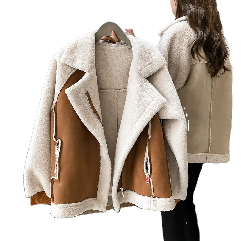 Korean Winter Fashion Plus Size Faux Duffle Fur Suede Coat Women Aviator Fleece Jacket