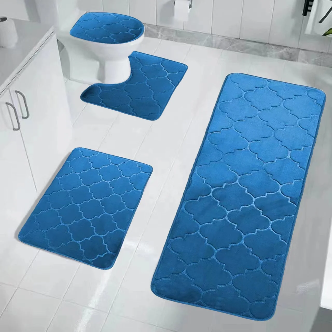 chenille carpet 4 Pc Classic Style Toilet Rug Set Absorbent Quick drying Non Slip PVC Bottom Bath Bathroom Mat Rug Set