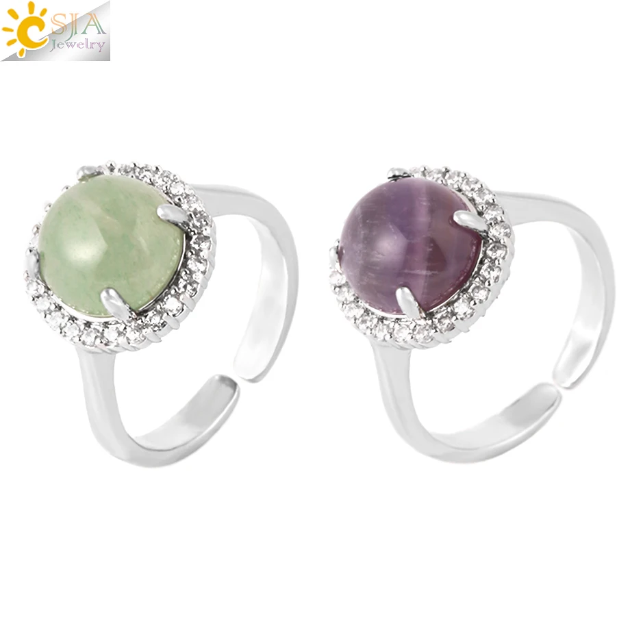 CSJA Trendy Jewelry Luxury Zircon Ring Natural Stone Round Cabochon Turquoise Rose Quartz Crystal Rings For Women Teen Girl H263