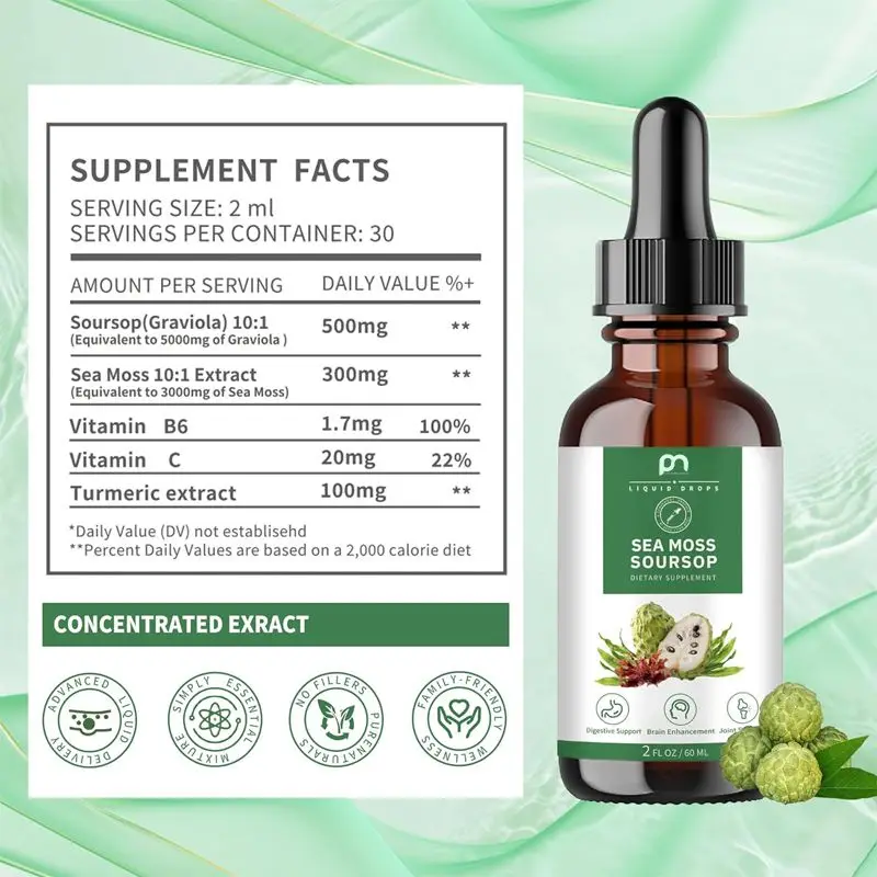 Soursop Graviola & Sea Moss жидкие капли Иммунная поддержка клеток и релаксация растительного экстракта OEM/ODM