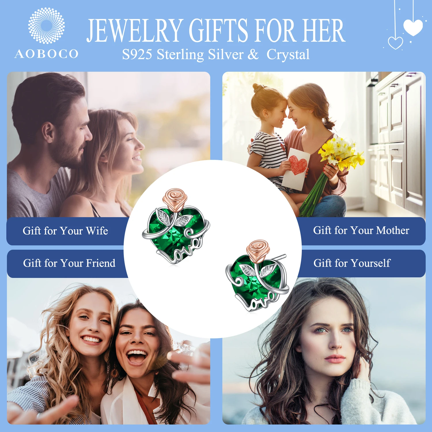 Hot Sale 925 Sterling Silver Green Crystal Two Tone Rose Love Heart Stud Earrings For Women