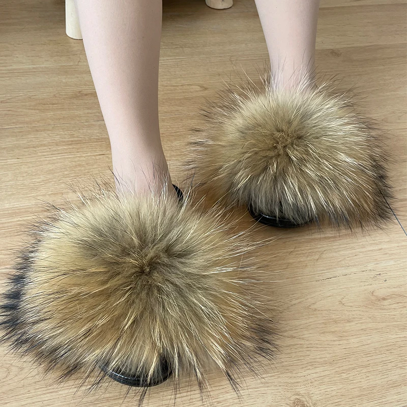 
Favorable Price Quality furry slide fluffy slippersfur 100 fox fur slides 