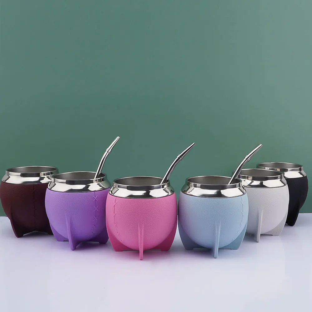 304 Stainless Steel argentina morden Leather Mate cup yerba mate gourd tea cup with Argentina with Bombilla and Cleaning Brush