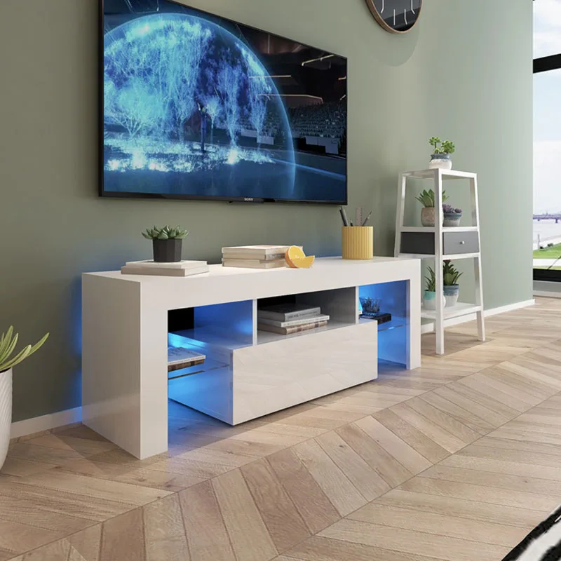 New modern design living room furniture high glossy white led TV Unit TV Cabinet Stand with led lighting and drawers