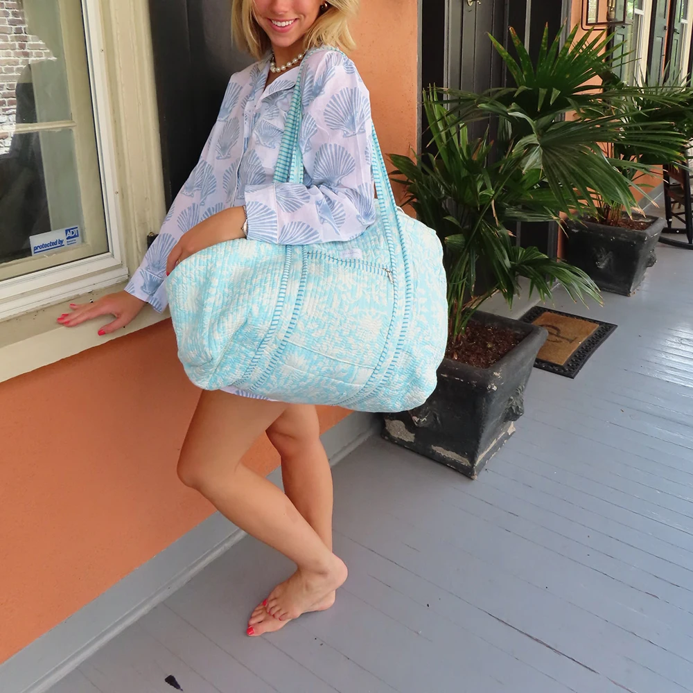 Custom Size Logo Light Blue Floral Cotton Quilted Overnight Travel Duffel Duffle Weekender Shoulder Bag for a Getaway