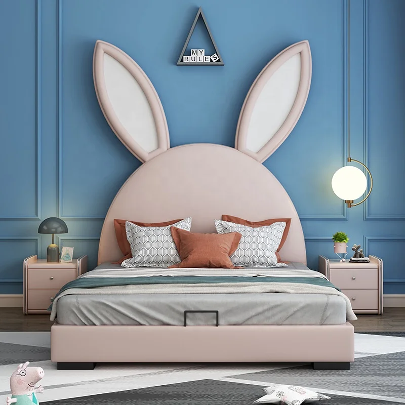 Airland Modern Kids Bedroom Furnitures Children Upholstered Beds Home Rabbit Genuine Leather Soft Backrest Storage Wooden Bed