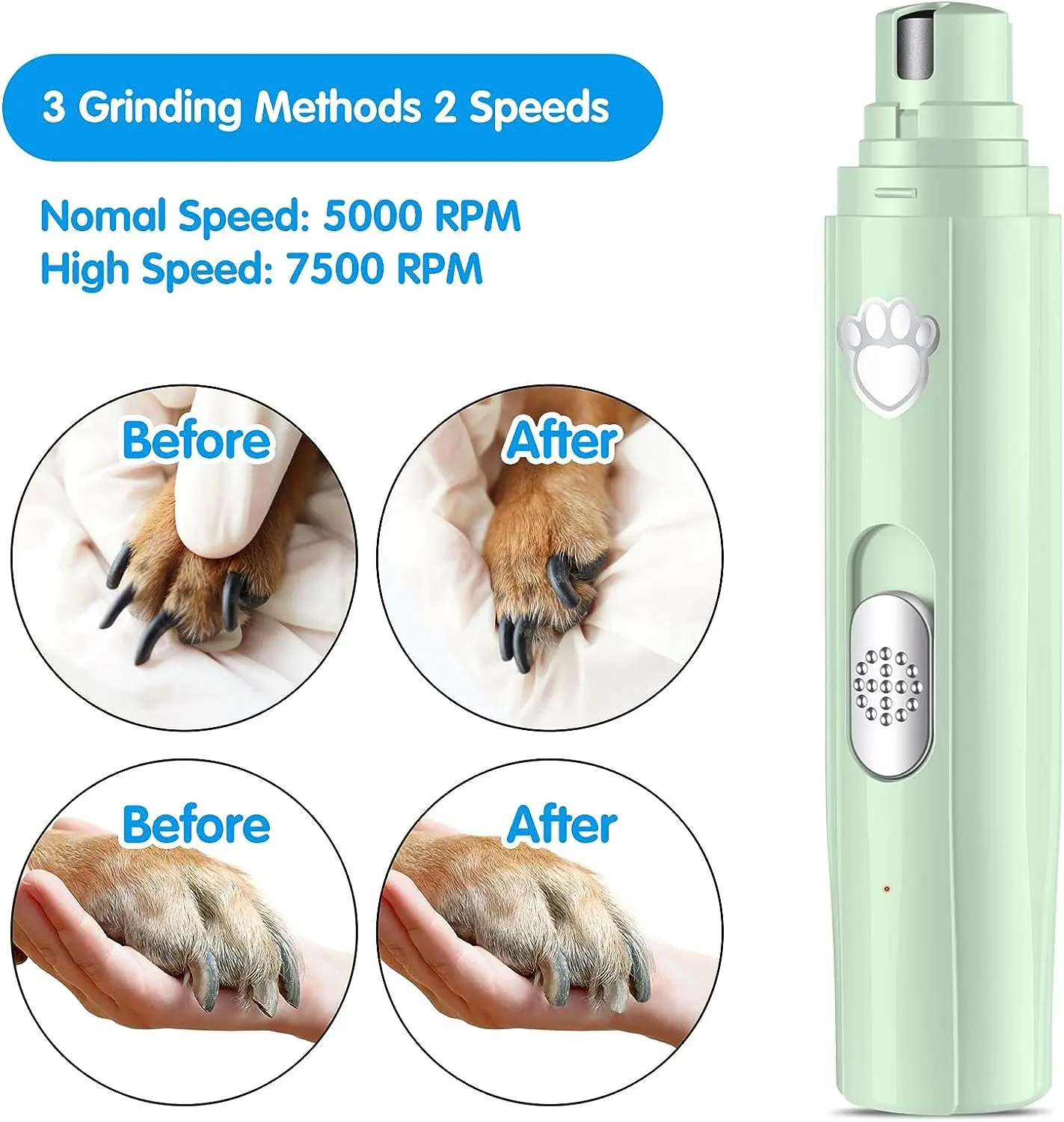 Dog Nail Grinder Upgraded Pet Cat Dog Nail Trimmers Clippers Tool 2 Speed Rechargeable Electric Pet Nail Grinder Grooming Tool