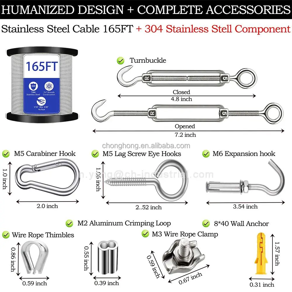 Vinyl Coated Aircraft Cable 50M/165FT 304 Stainless Steel Wire Cable 1/16 Wire Rope Steel Cable Wire Tensioner Kit