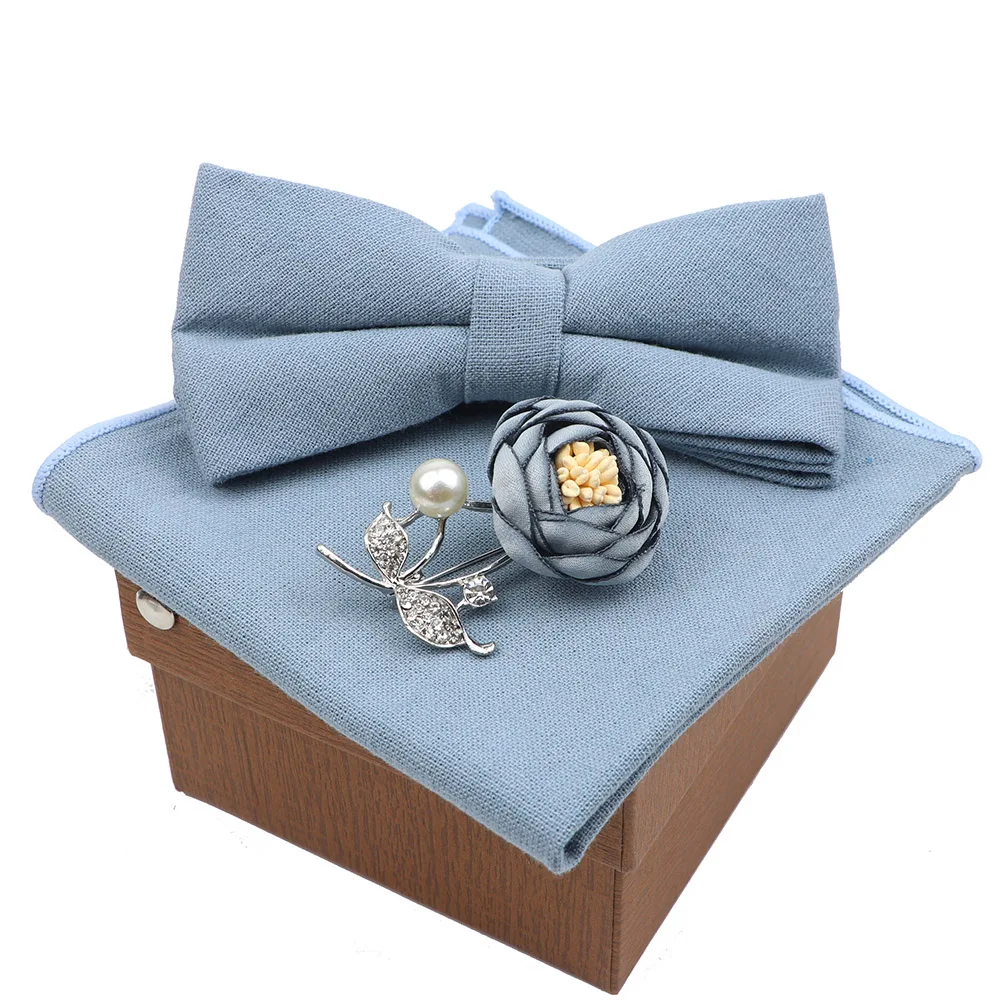 Men Super Soft Suede Solid Color Cotton Bow Tie Handkerchief Brooch Set Bowtie Orange Pink Blue Butterfly Wedding Novelty Gift