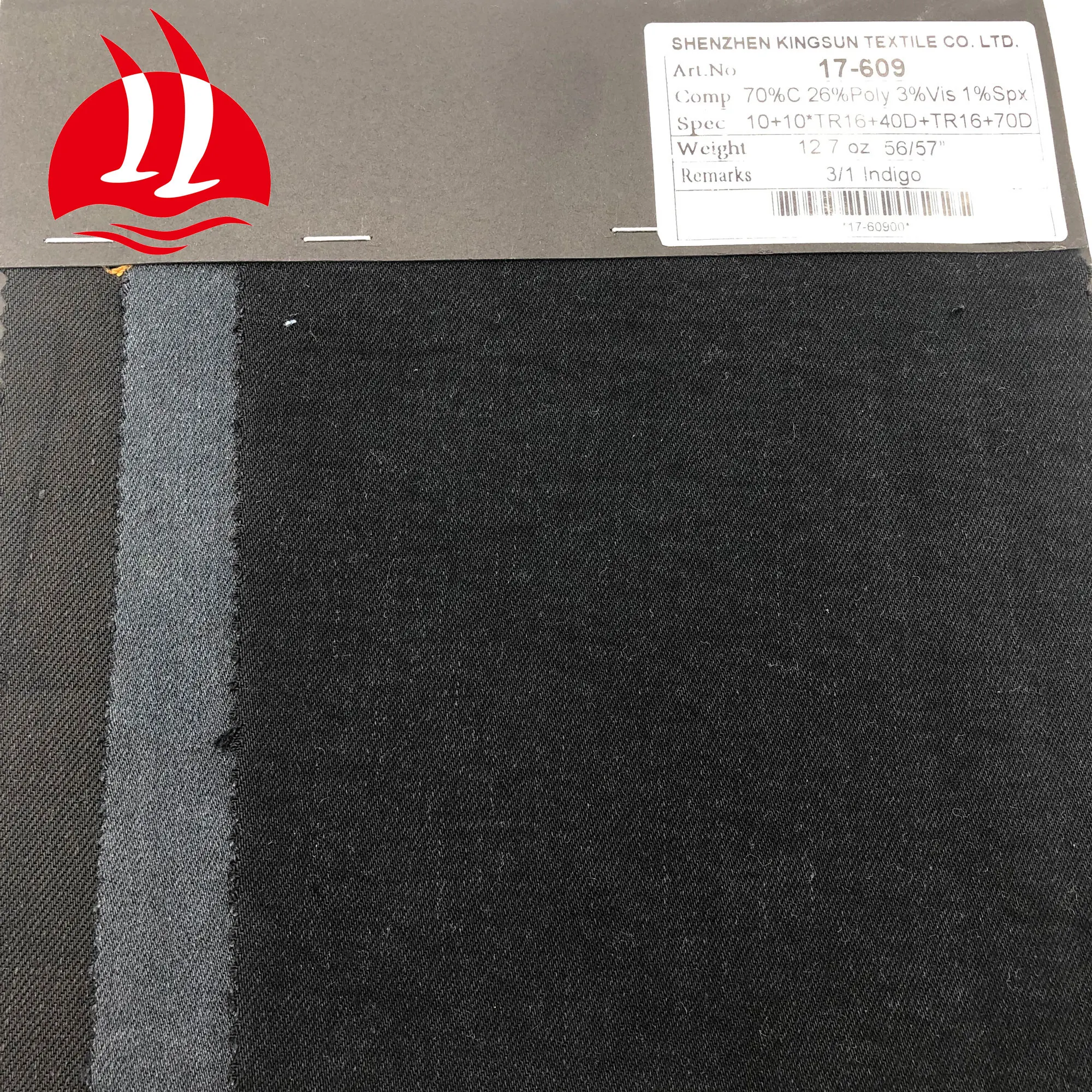 
12.7OZ Cotton polyester spandex blend stretch twill woven black denim jeans fabric 