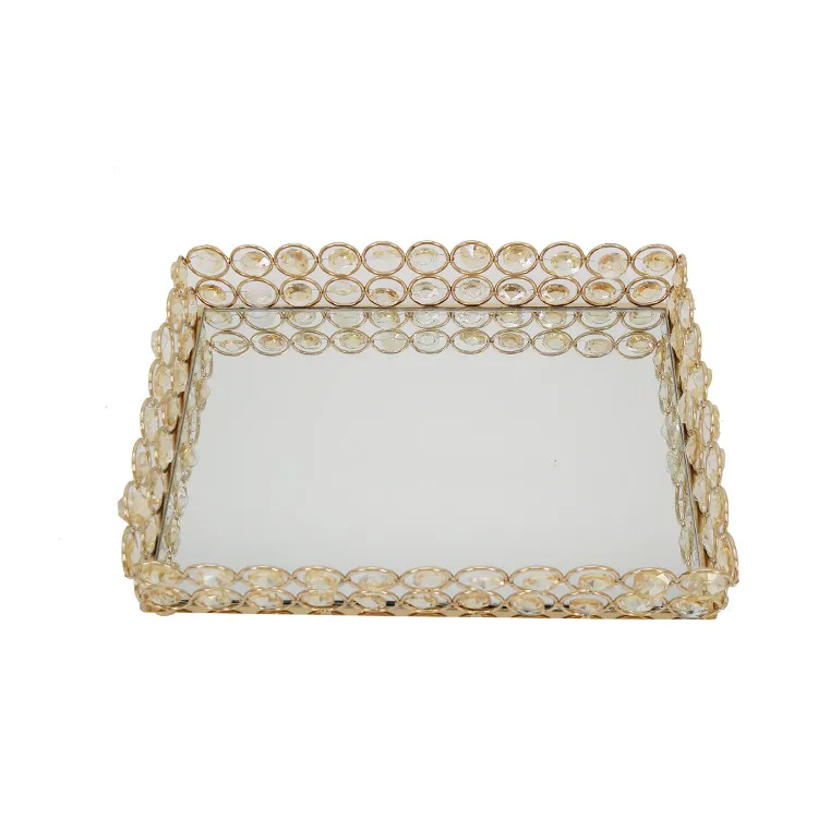 
nodic glass hollow wedding hotel decoration crystal metal square serving Mirror tray 