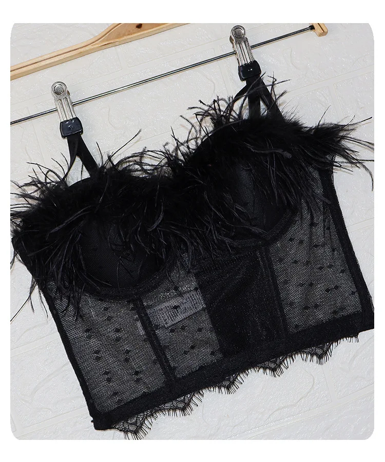 Vintage Fashion Club Women Ladies Summer Ostrich Sexy Feather Fur Top Feather Corsets Party Ostrich Feather Vest Crop Tops