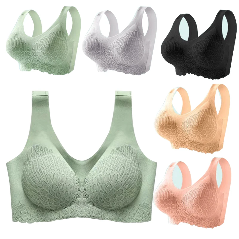 Latex nude color wire free seamless bra comfort lace padd wireless full coverage bra for fat woman