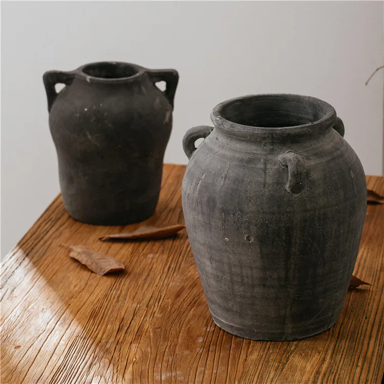 Vintage grey luxury indoor outdoor decoration hand made terracotta round pottery large vase antique vases for decor