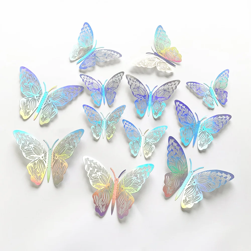 12pcs 3D three-dimensional colorful silver butterfly stickers wedding festival party balloon decoration wall stickers