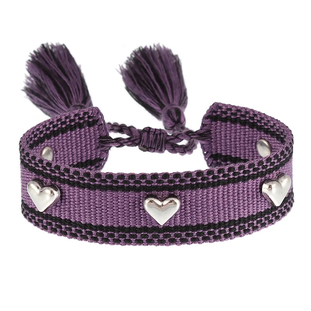 Silver Heart-shaped Metal Rivets Gift Wristband Woven embroidery adjustable rope woven Bracelets Friendship Bracelet Ladies Jewe