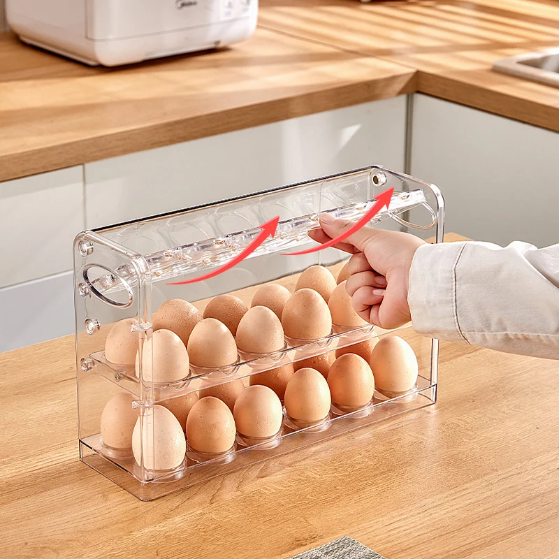 Plastic Egg Holder for Refrigerator, , 3-Layer Flip Fridge Egg Tray Container , Kitchen Countertop Fresh Egg