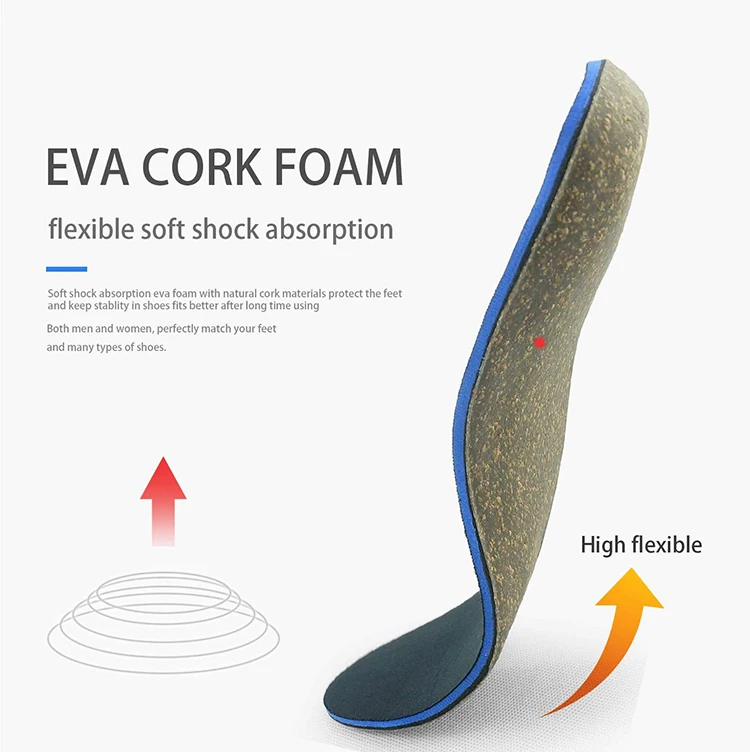Natural Cork High Arch Support Orthotics Insole Cork shoe insoles for Flat Feet Pronation