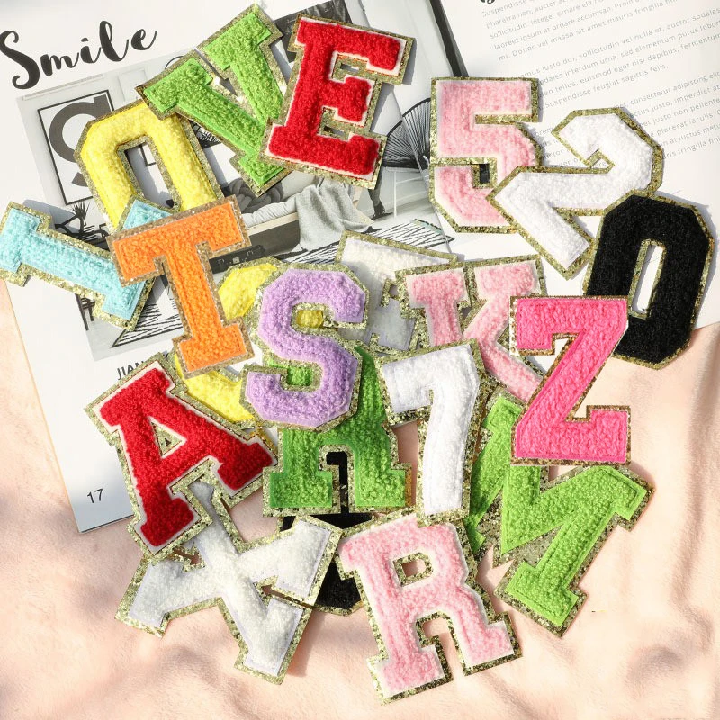 8cm Alphabet Letters Patches Glitter Chenille Patches For Clothing Accessories