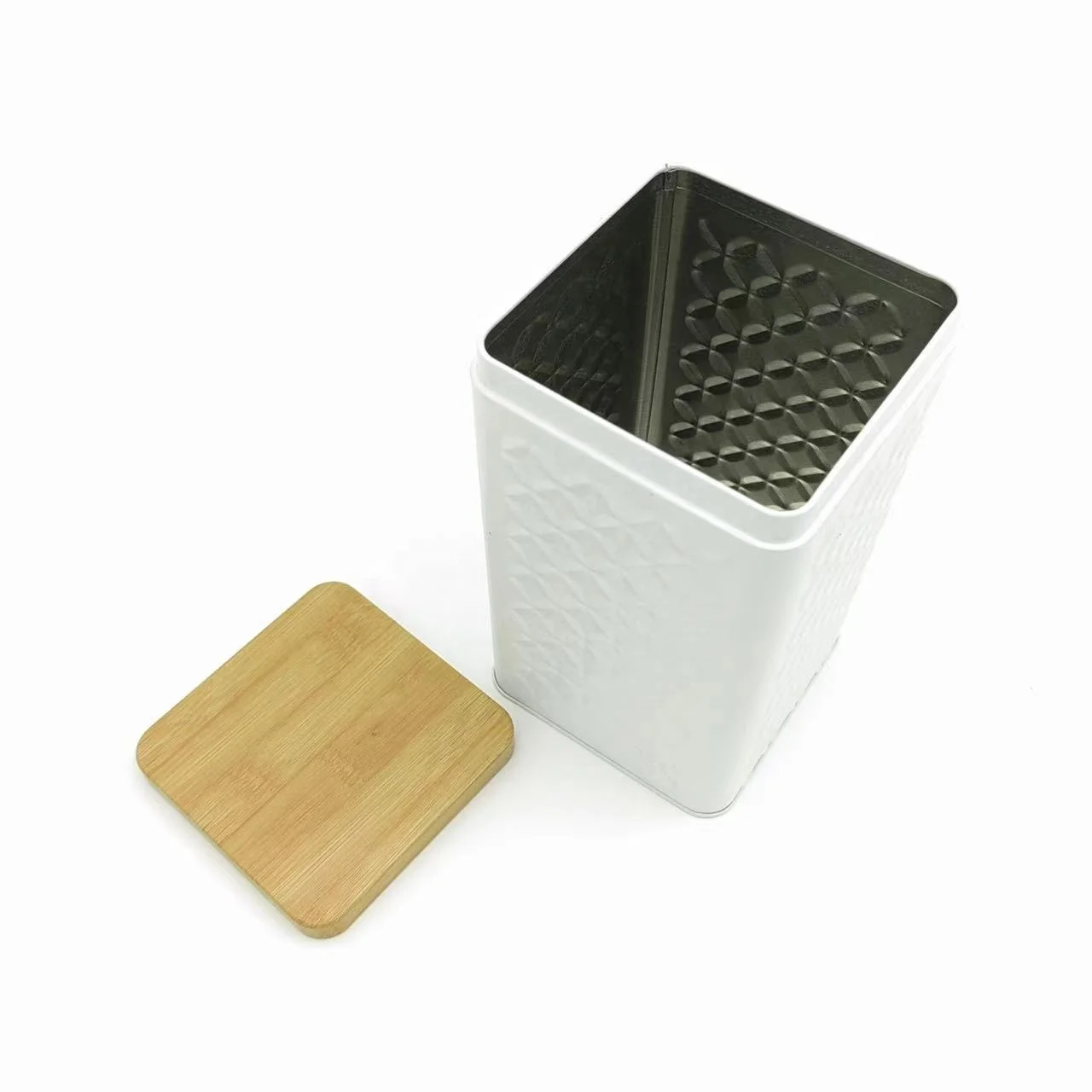 Custom Airtight Square Empty Tea Snack Food Storage Tin with Wood Grain Pattern Lid