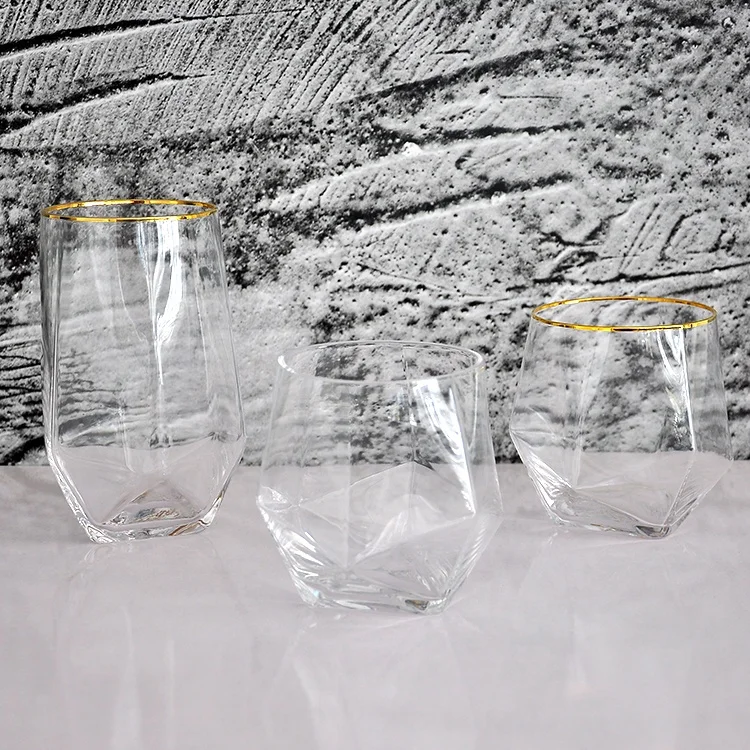 Elegant  diamond shape crystal  clear glasses with gold rim wine glass for wedding