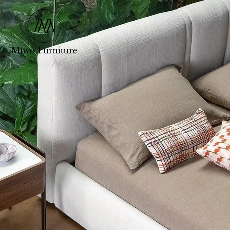 Italian modern stylist furniture white Linen fabric bedroom King size bed Double upholstered bed Hotel Loft queen bed frame