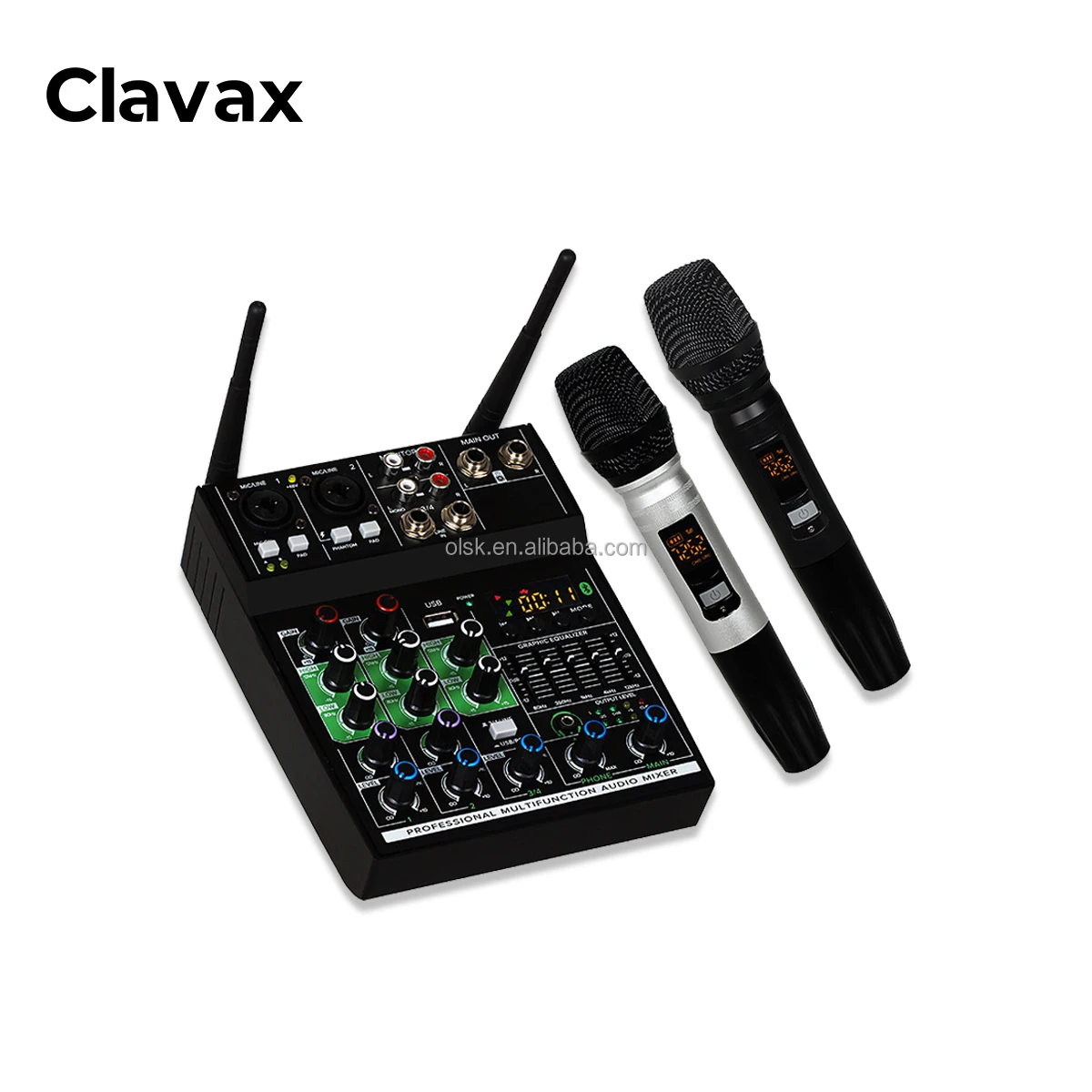 Clavax CLMC-GT40 Профессиональный 4-канальный аудиомикшер с 2 беспроводными микрофоном для караоке сцены домашних развлечений