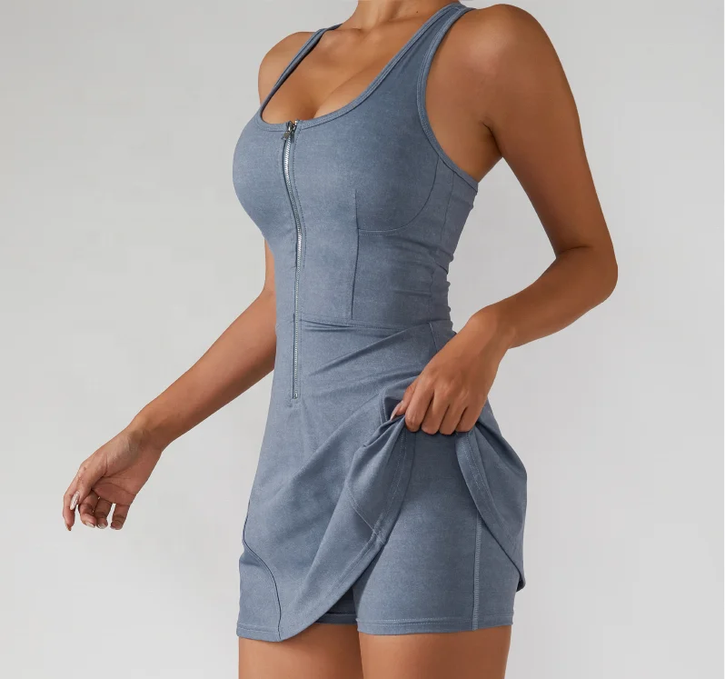 Women flare hem design workout dress with detachable pads tennis dress with shorts