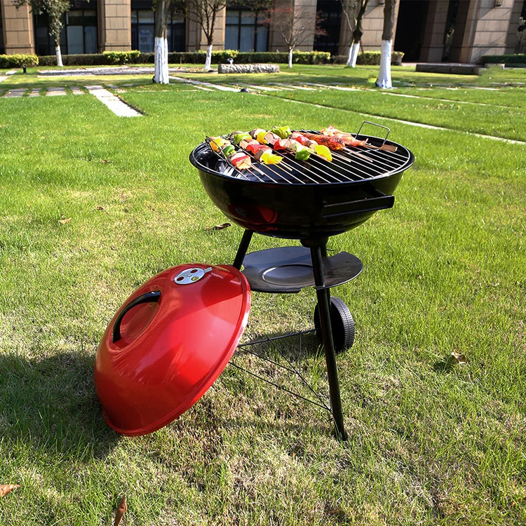 Round Charcoal Barbecue Grill Round Cast Iron Camping Portable Trolley BBQ Grill Charcoal Grill