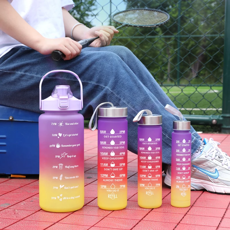 4 Pcs In 1 2L Direct Drinking Plastic Sport Fitness Motivational Water Bottles With Straw And Handgrip Children Cute DIY sticker