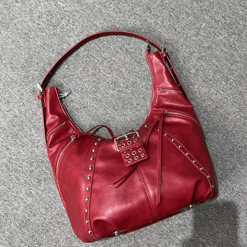 Moto & Biker Hobos Bags For Women Luxury Designer Handbag And Purses 2024 New In PU Oil Wax Leather Tassel Rivet Shoulder