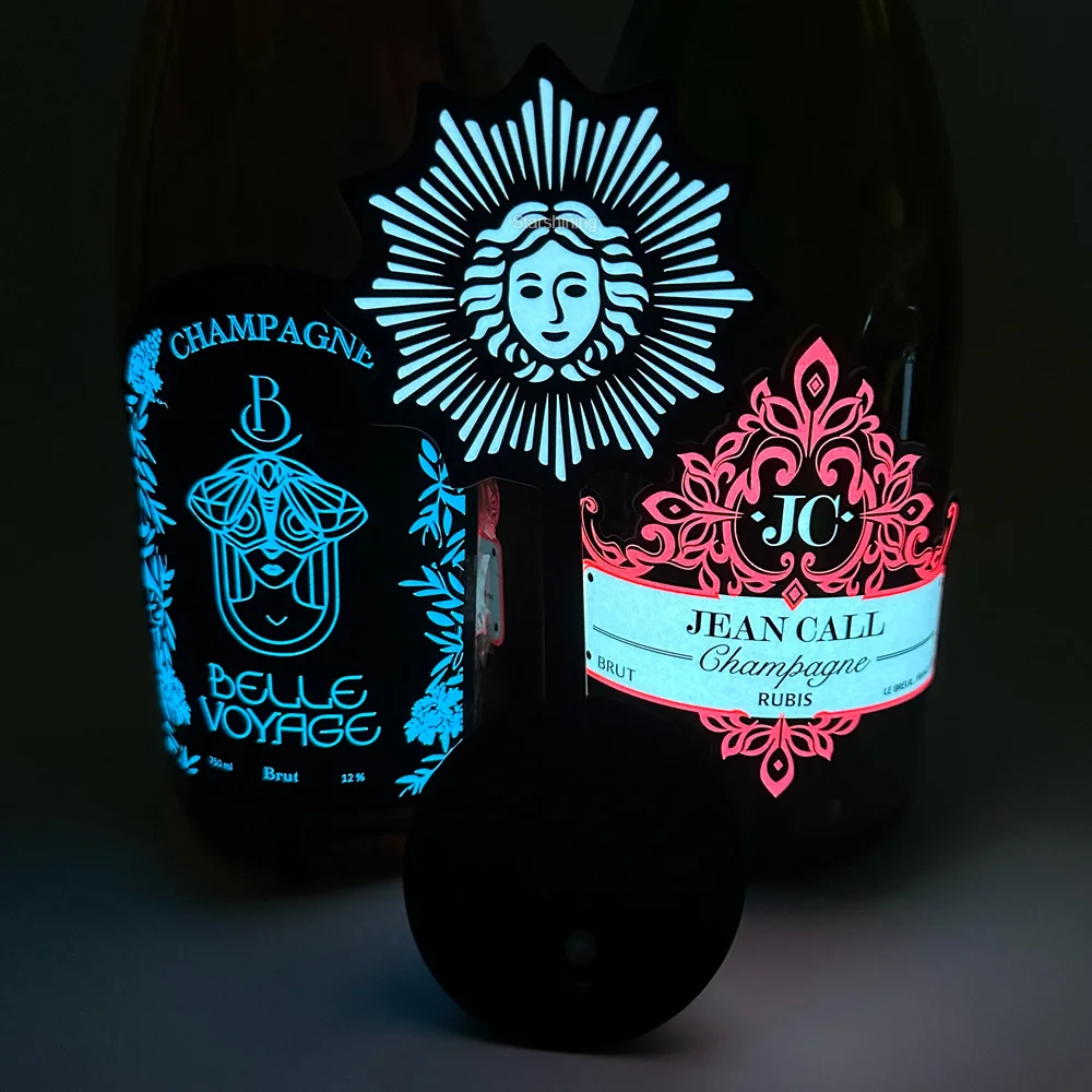 Verified OEM colorful waterproof customized brand adhesive LED EL luminous bottle label sticker for party nightclub