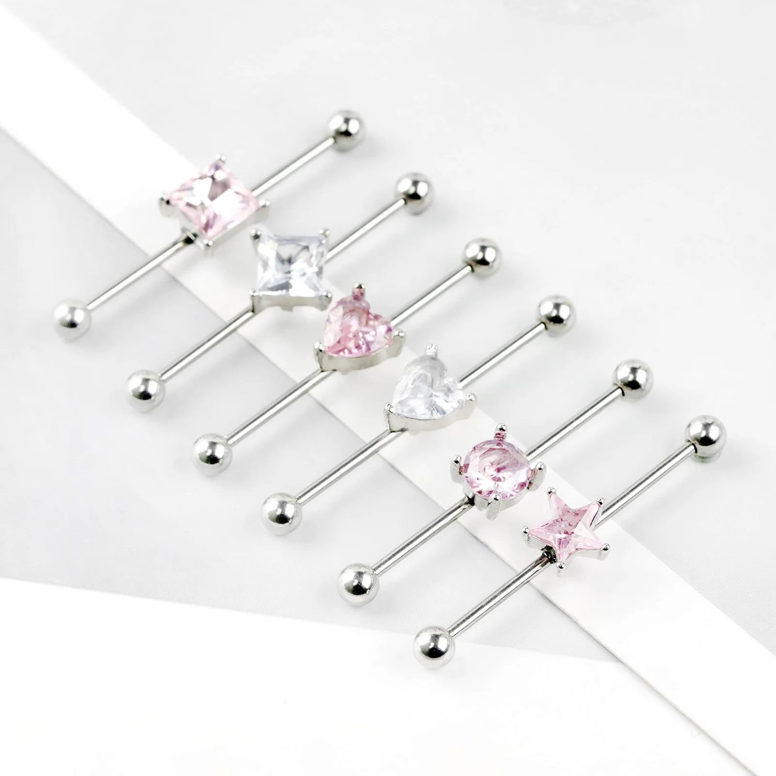 YICAI Simple Surgical Steel Barbell Heart Star Square Zircon Pink White CZ 38mm Ear Industrial Piercing