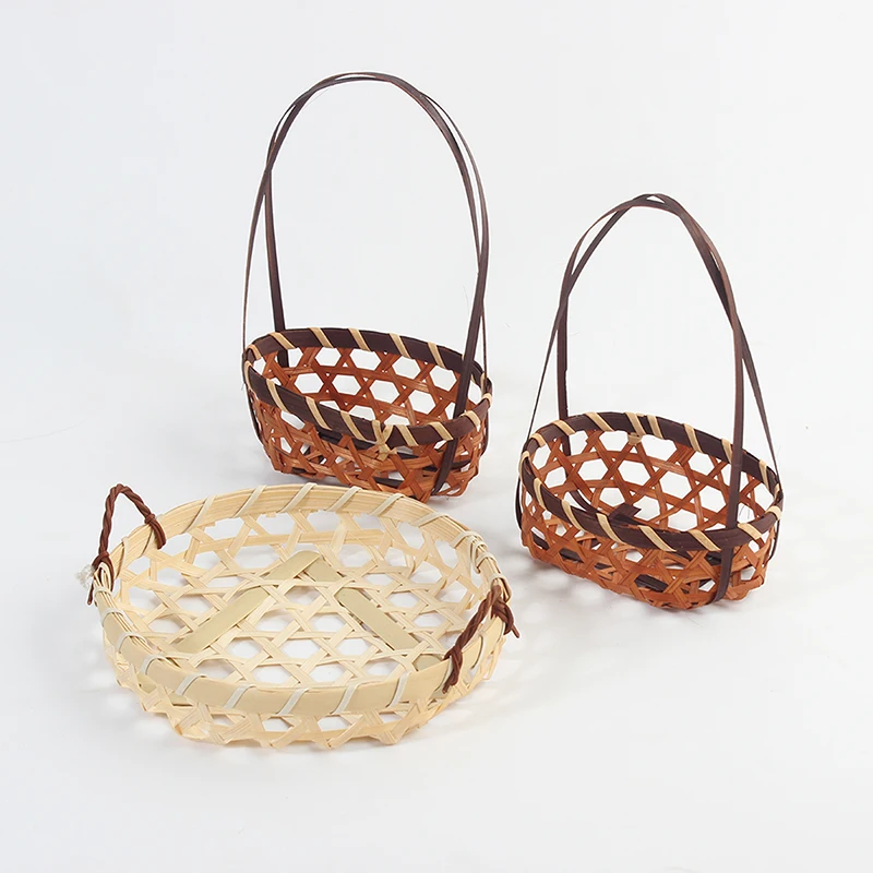 Bamboo Fruit Bread Round Rattan Serving Tray Hand Woven Serving Basket with Handles Natural Restaurant Woven Storage Basket