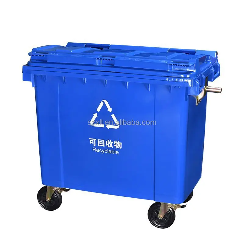 High quality wholesale cheap 660L Plastic dustbin blue outdoor trash can large size outdoor trash bin with wheels