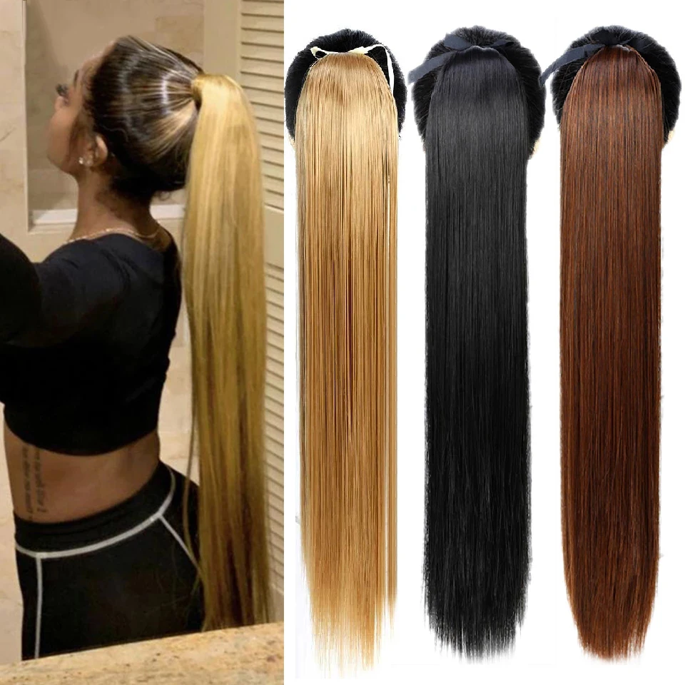 
30 Inch Straight Ponytail Human Hair Extension Long Clip In Drawstring Ponytail Brazilian 100% Raw Remy Human Hair For Women 