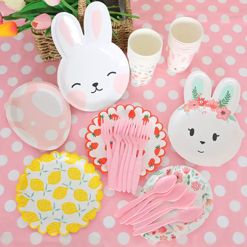 Disposable Plates Cups Forks Spoons Straws Set Happy Birthday Party Festival Picnic Supplies Cute Cartoon Paper Tableware Set
